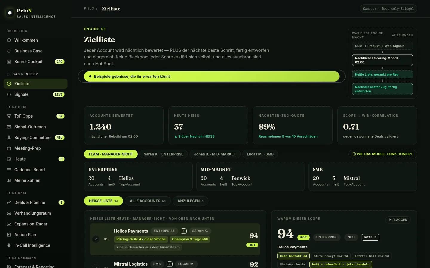 Priorisierte Zielliste in PrioX: Accounts nach Signalstärke sortiert, mit sichtbarem Grund pro Firma